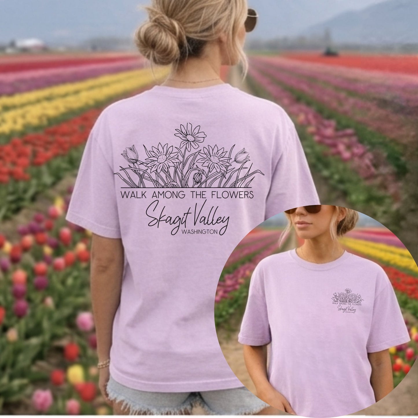 A woman wearing a light lavender graphic T-shirt shown from the back, with a circular inset showing the front chest print. The shirt has a black line-art floral design and the text 'WALK AMONG THE FLOWERS Skagit Valley WASHINGTON.