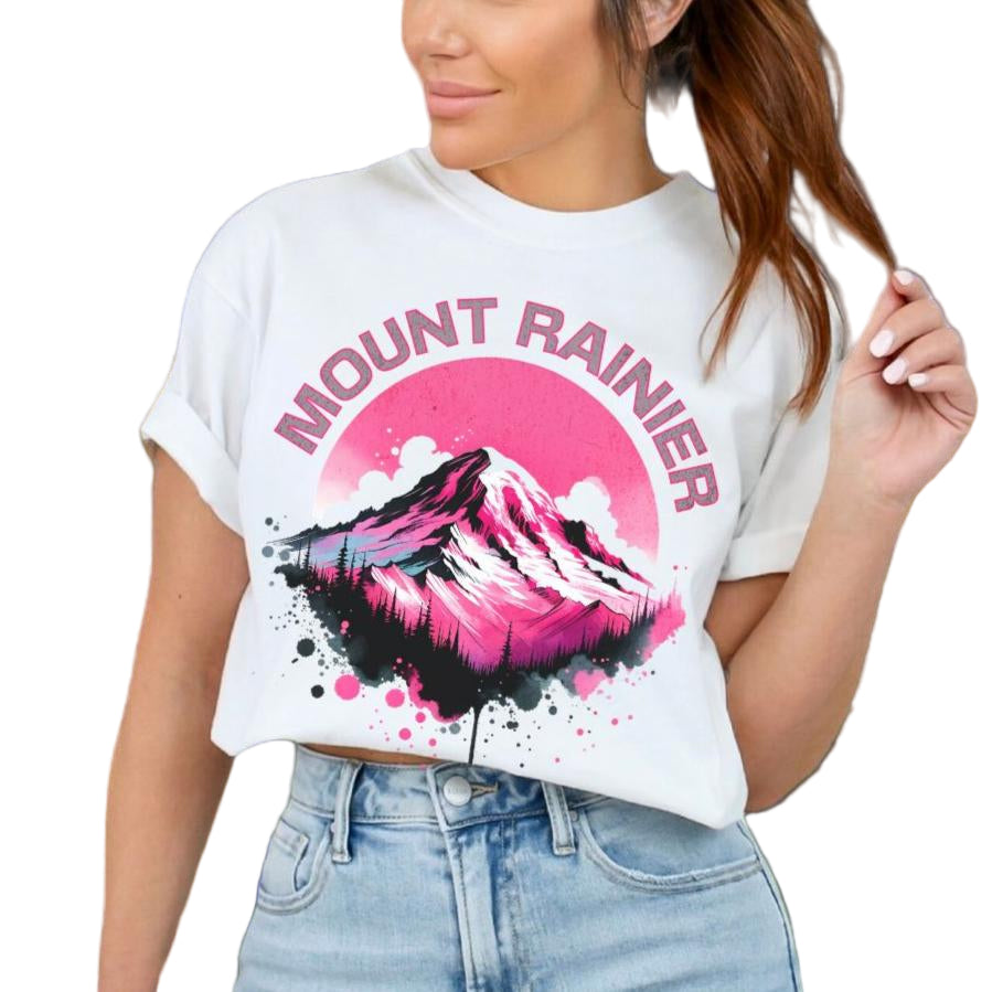Person wearing a white t-shirt with Mount Rainier graphic design